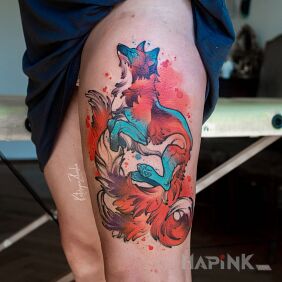 Tattoo Kitsune on the leg motif: colorful style: Watercolor