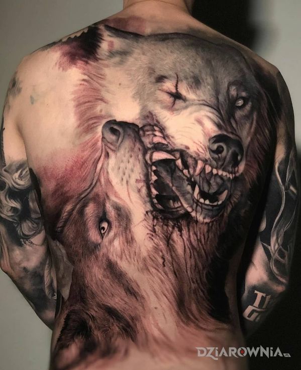 Tatuaż walczące wilki w motywie czarno-szare i stylu realistyczne na łopatkach