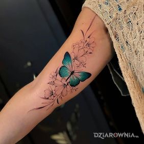 Tatuaż Turkusowy motyl na ramieniu motyw: motyle styl: realistyczne