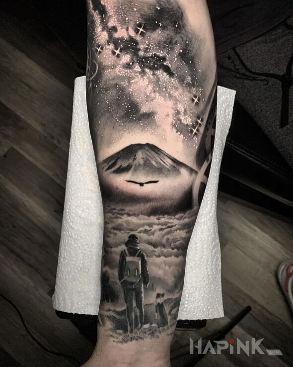 Tattoo Wyprawa na wielką górę in characters motif and realistic style on the forearm