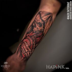 Tattoo Grim Reaper on the forearm motif: dark style: graphic / illustrative