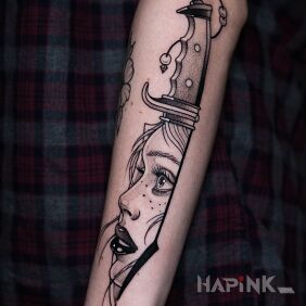 Tattoo Knife / Woman on the forearm motif: faces style: graphic / illustrative
