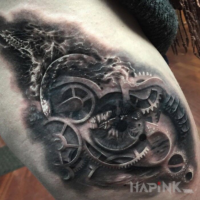 Tattoo Mechanizmy i galaktyka in 3D motif on the leg