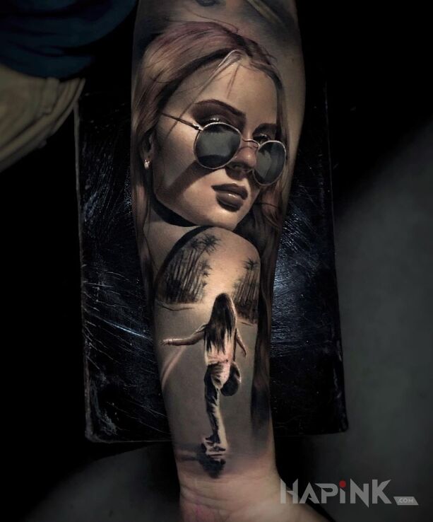 Tattoo Wypad na deskorolke in characters motif and realistic style on the forearm