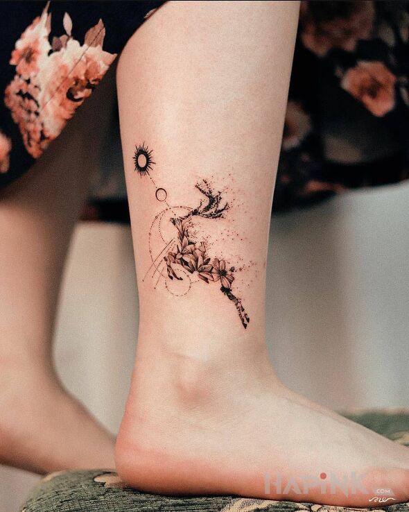 Tattoo Skok jelenia in black and gray motif and graphic / illustrative style near the ankle