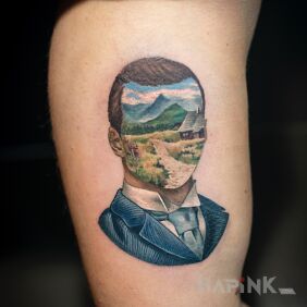 Tattoo Portrait on the forearm motif: faces style: surrealistic