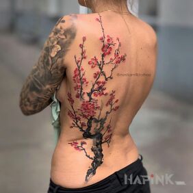 Tattoo Japanese cherry on the back motif: nature style: realistic