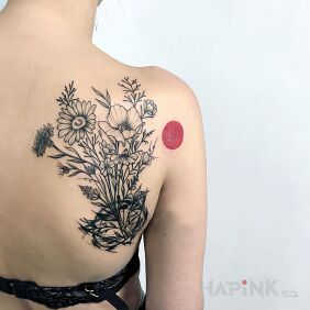Tattoo Field bouquet on the shoulder blades motif: flowers style: graphic / illustrative