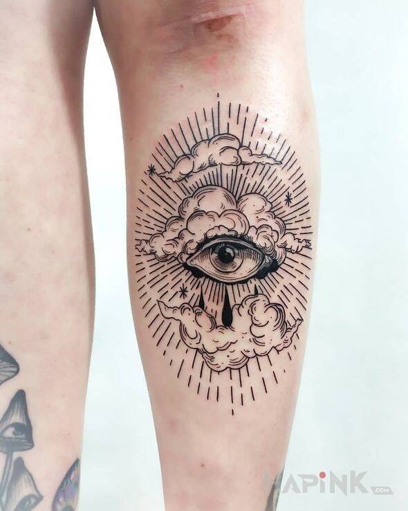 Tattoo Rycina - oko in dark motif and engravings / gravure style on the tibia