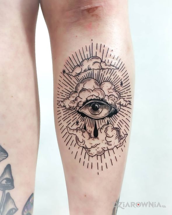 Tatuaż rycina - oko w motywie pozostałe i stylu rycinowe / grawiurowe na piszczeli