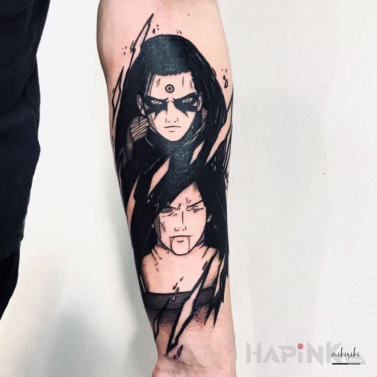 Tattoo Hashirama x Madara in black and gray motif and graphic / illustrative style on the forearm