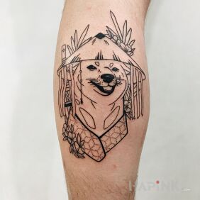 Tattoo Shiba on the leg motif: black and gray style: contour / linework