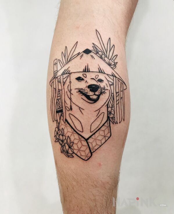 Tattoo Shiba in manga / anime motif and contour / linework style on the leg