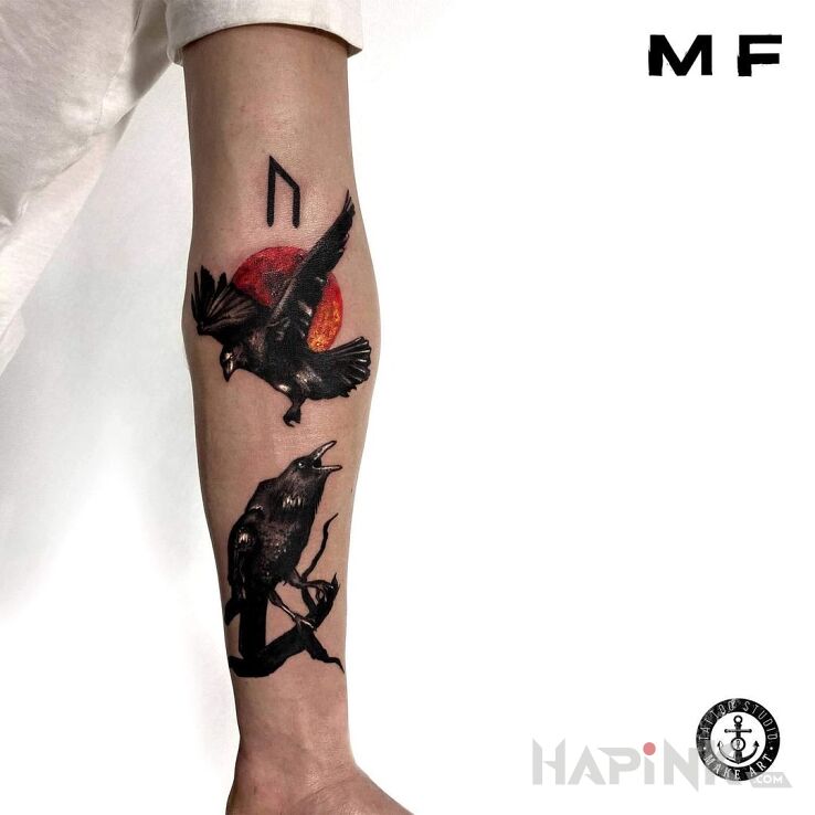 Tattoo Kruki Odyna in animals motif and graphic / illustrative style on the forearm