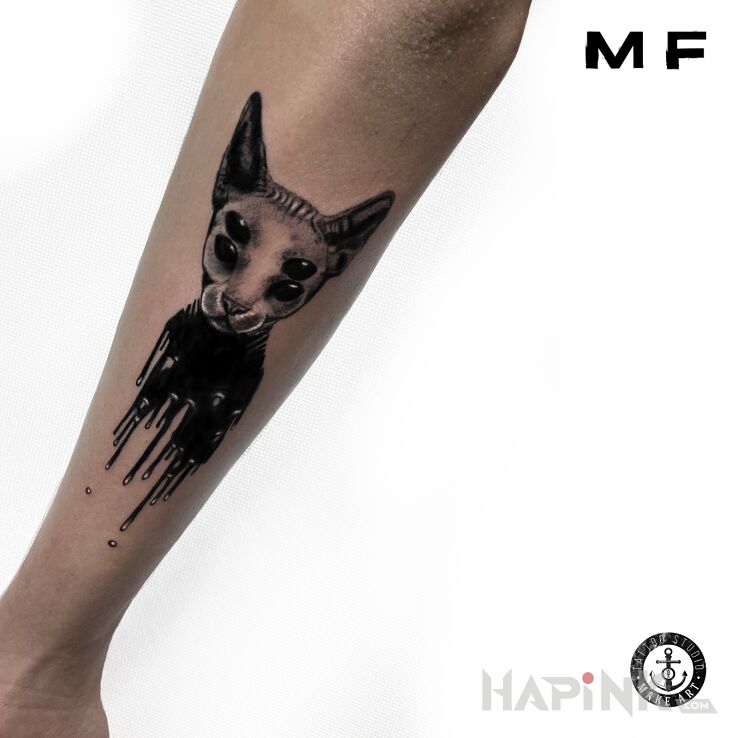 Tattoo Sfinks in black and gray motif and realistic style on the forearm