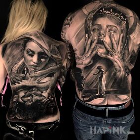 Tattoo For her and for him on the shoulder blades motif: characters style: realistic