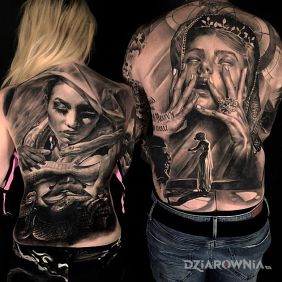 Tatuaż Dla niej i dla niego na łopatkach motyw: twarze styl: realistyczne