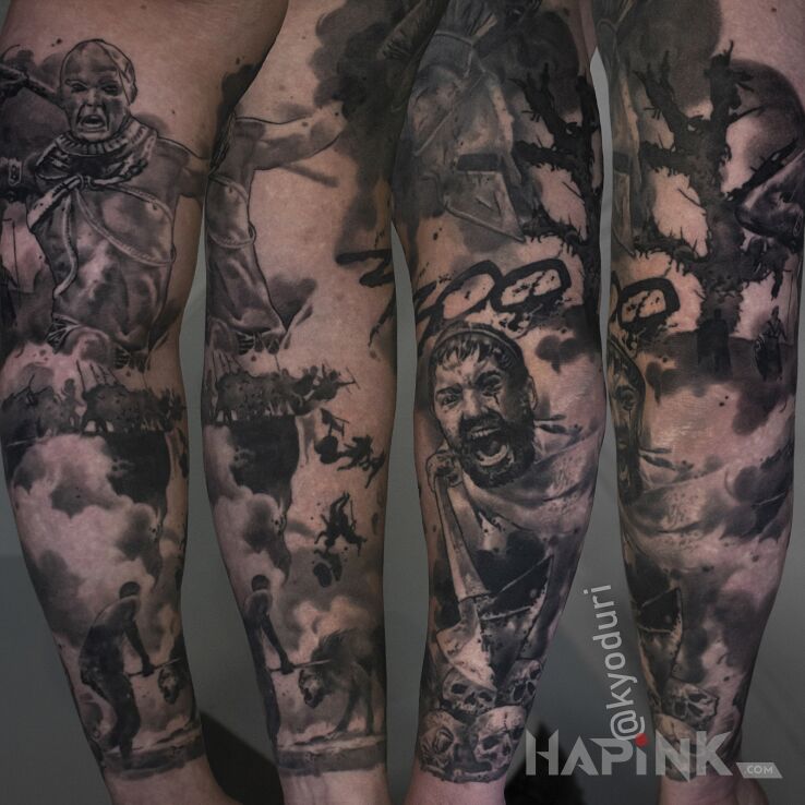 Tattoo 300 in skulls motif and realistic style on the upper arm