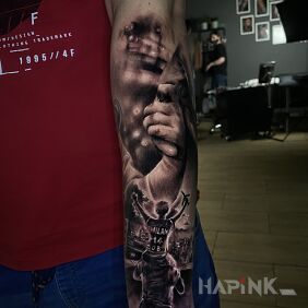 Tattoo Family on the forearm motif: black and gray style: realistic