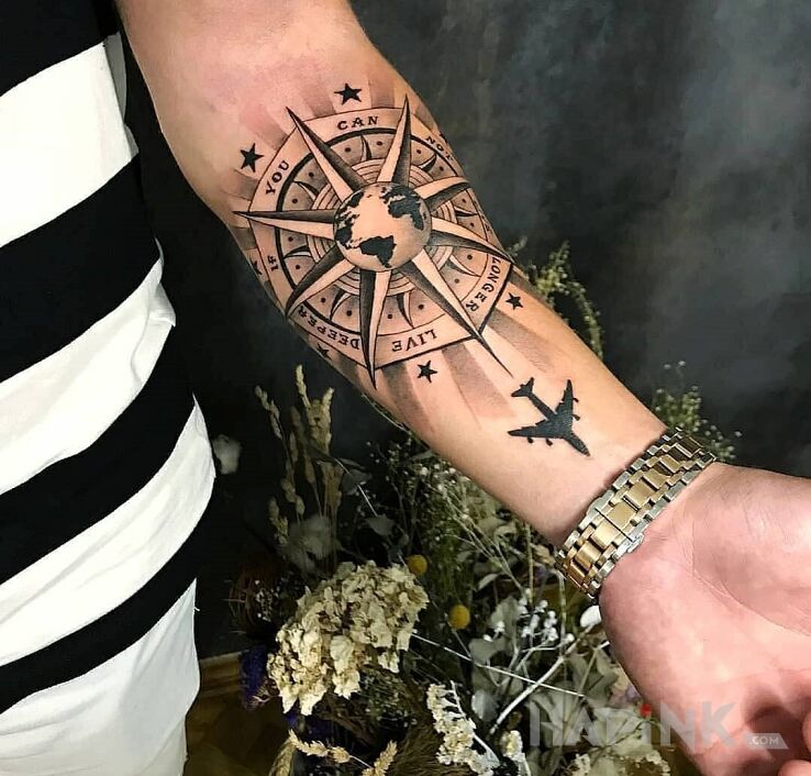 Tattoo Podróże in black and gray motif and graphic / illustrative style on the forearm