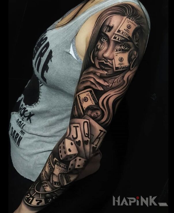 Tattoo Kasa w kasynie in objects motif and realistic style on the upper arm