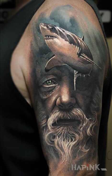 Tattoo Posejdon in characters motif and realistic style on the upper arm
