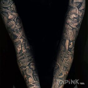 Tattoo Two carved sleeves on the forearm motif: characters style: carved wood