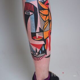 Tattoo Cubist face on the calf motif: colorful style: modern / cubism