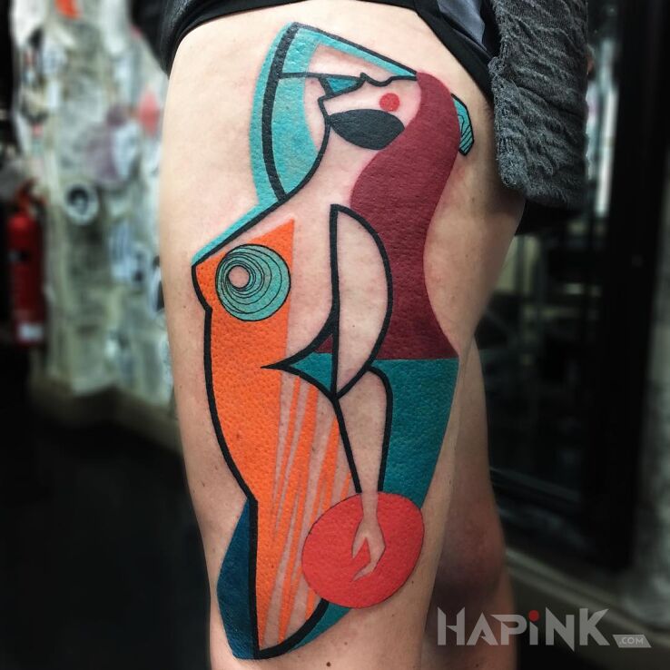 Tattoo Kobieta inaczej in colorful motif and modern / cubism style on the leg