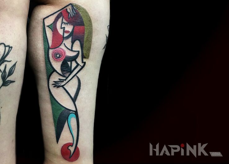 Tattoo Kobieta inaczej 2 in characters motif and modern / cubism style on the leg