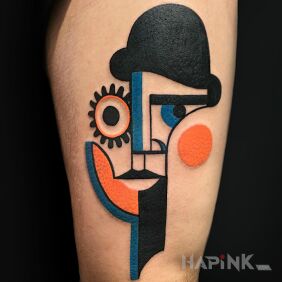 Tattoo Gentleman with a hat on the leg motif: colorful style: modern / cubism