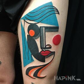 Tattoo Face like a painting on the leg motif: colorful style: modern / cubism