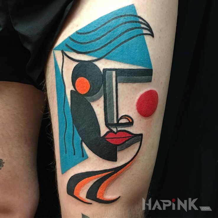 Tattoo Twarz jak z obrazu in colorful motif and modern / cubism style on the leg