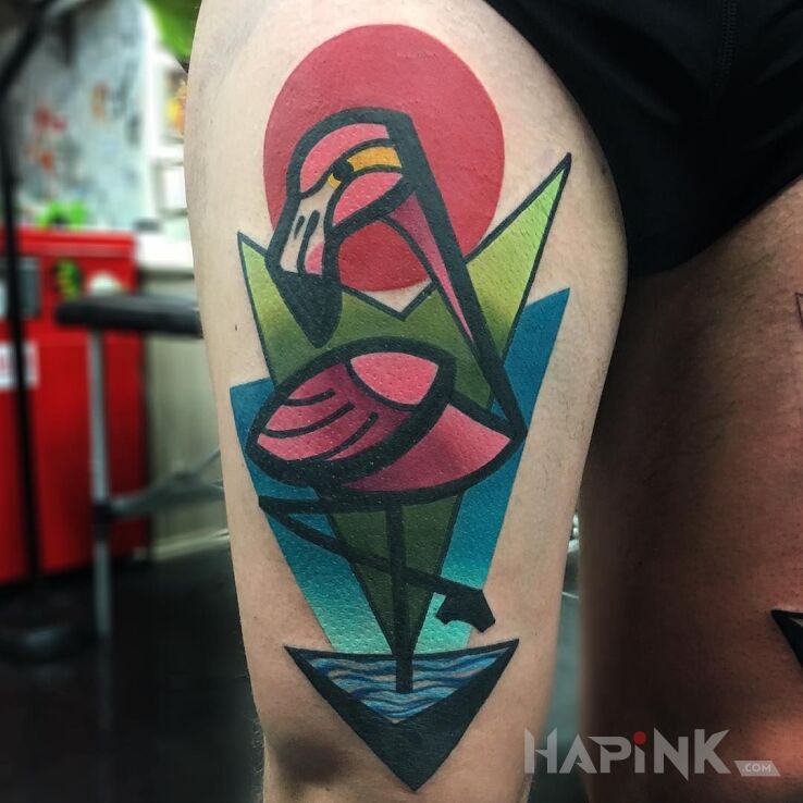 Tattoo Niecodzienny flaming in colorful motif and modern / cubism style on the leg