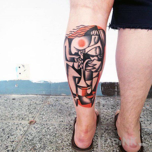 Tattoo Trębacz in black and gray motif and modern / cubism style on the calf