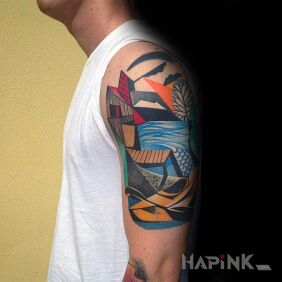 Tattoo Fishing hut on the upper arm motif: colorful style: modern / cubism