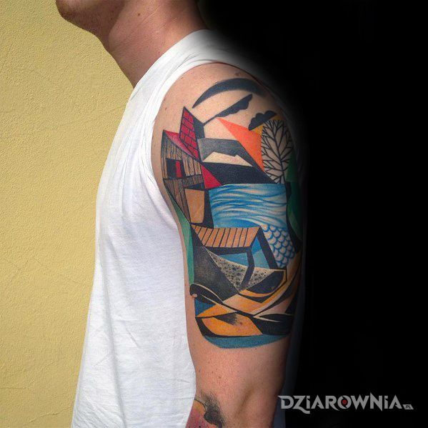 Tatuaż chatka rybacka w motywie kolorowe i stylu modern / kubizm na ramieniu