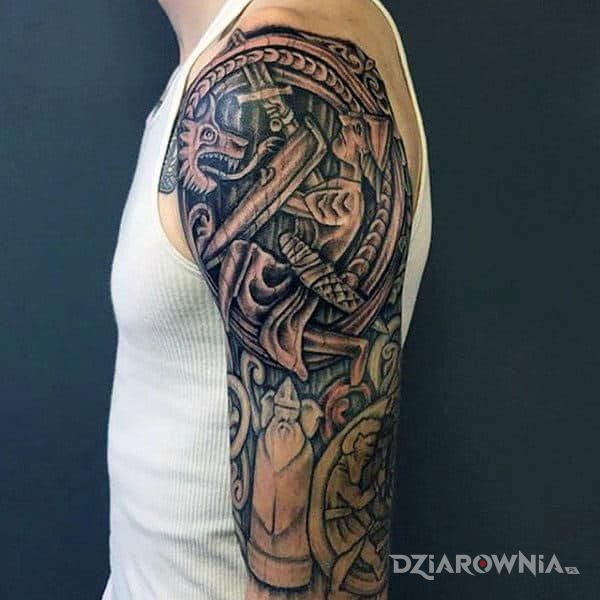 Tatuaż walka z bestią w motywie czarno-szare i stylu rzeźbione drewno na ramieniu