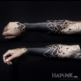 Tattoo Black ink on the hand on the forearm motif: other style: blackwork / blackout