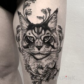 Tattoo Cat / Flowers on the leg motif: animals style: graphic / illustrative