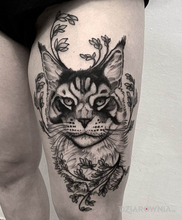 Tatuaż kot  kwiaty w motywie czarno-szare i stylu graficzne / ilustracyjne na nodze
