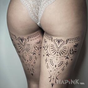 Tattoo Patterns under the butt on the leg motif: black and gray style: minimalistic