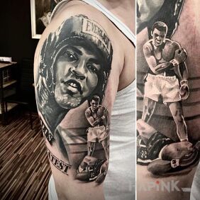 Tattoo Muhammad Ali on the upper arm motif: black and gray style: realistic