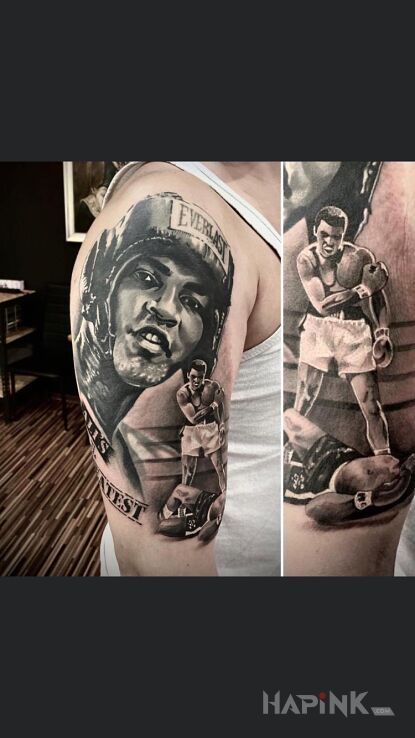 Tattoo Muhammad Ali in faces motif and realistic style on the upper arm
