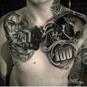 Tattoo Smoke from the barrel on the chest motif: skulls style: chicano
