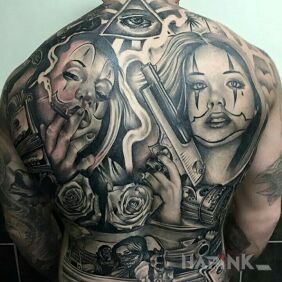 Tattoo Gangsta life on the back motif: flowers style: chicano