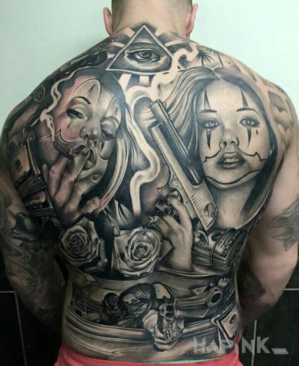 Tattoo Gangsta life in faces motif and chicano style on the back