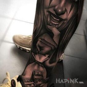 Tattoo Bag of cash on the calf motif: 3D style: realistic
