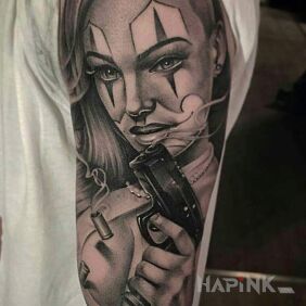 Tattoo Pif paf on the upper arm motif: 3D style: chicano