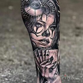 Tattoo Roulette and poker on the calf motif: 3D style: chicano